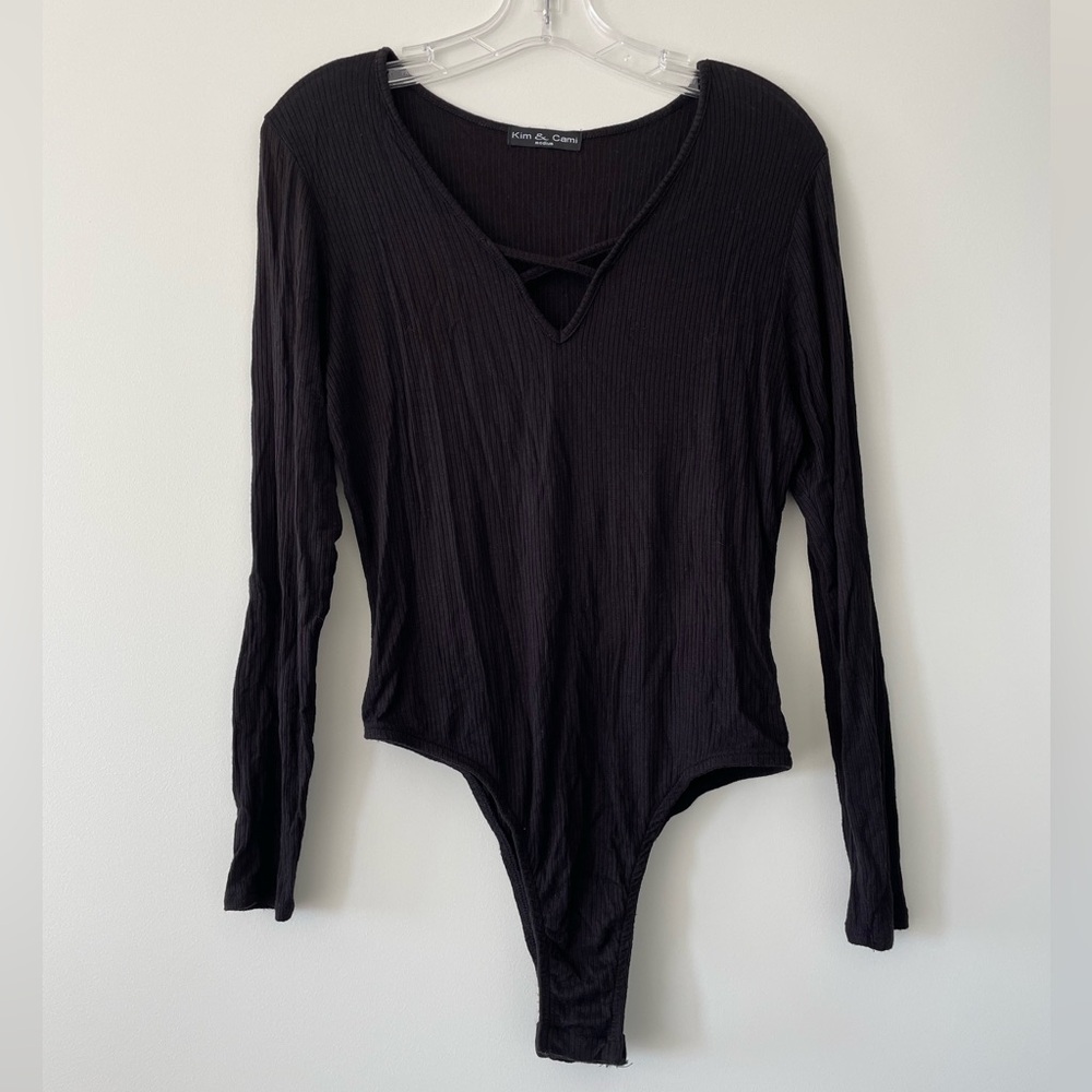 Black Long Sleeved Ribbed Bodysuit - Casual Soft - Size M
